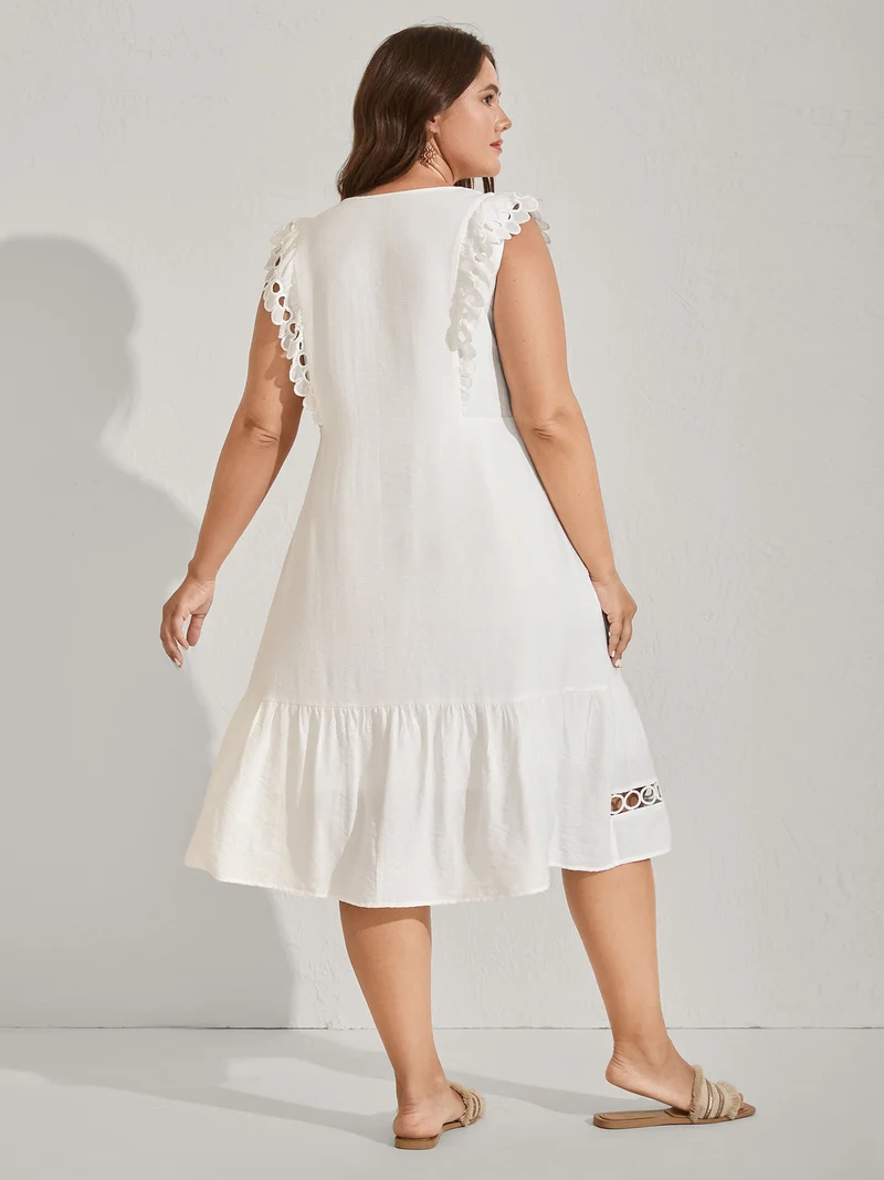 Lace Embroidered Sleeve Plain Midi Dress