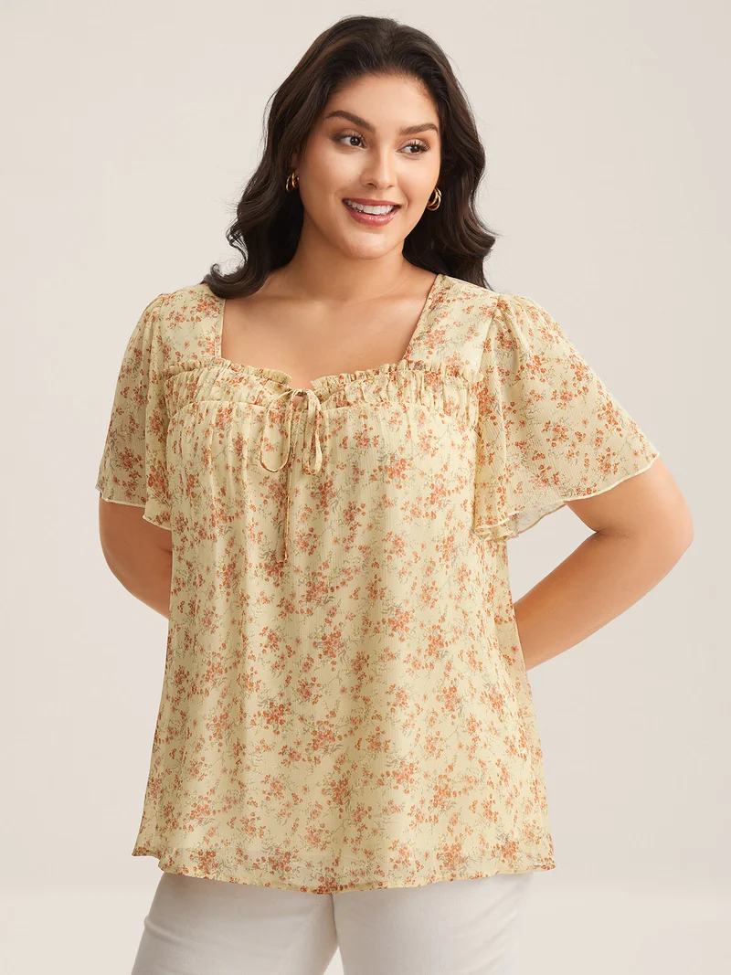 Chiffon Floral Print Neck Tie Blouse