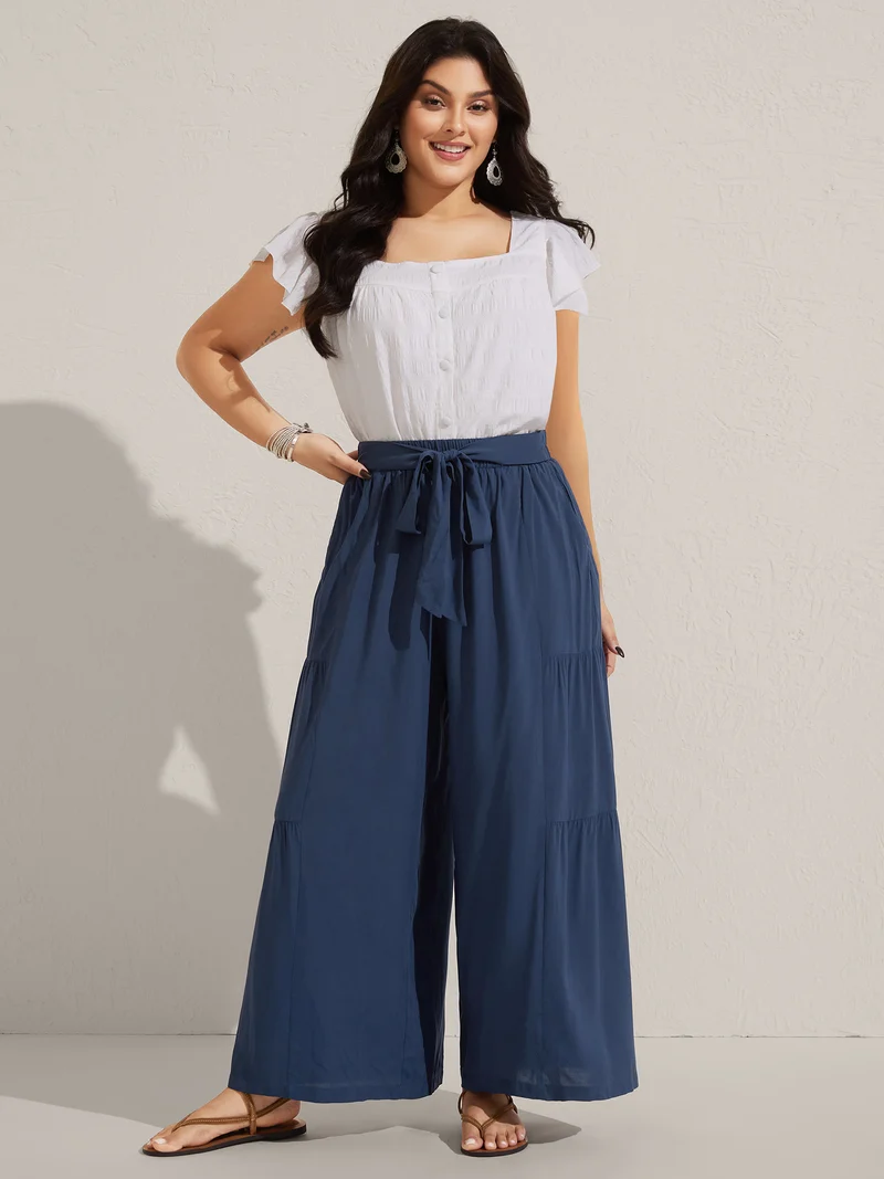 Rayon Belted Solid Wide-Leg Pants
