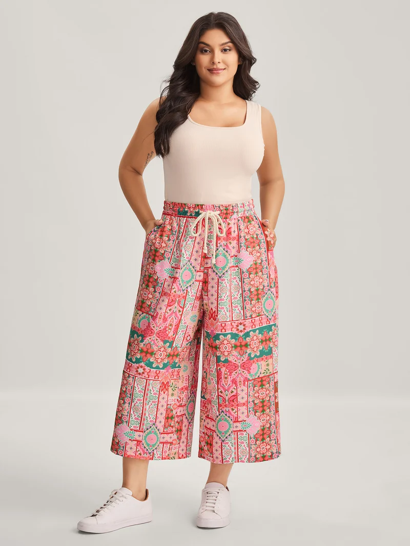 Floral Collage Stretchy Waist Wide-Leg Pants