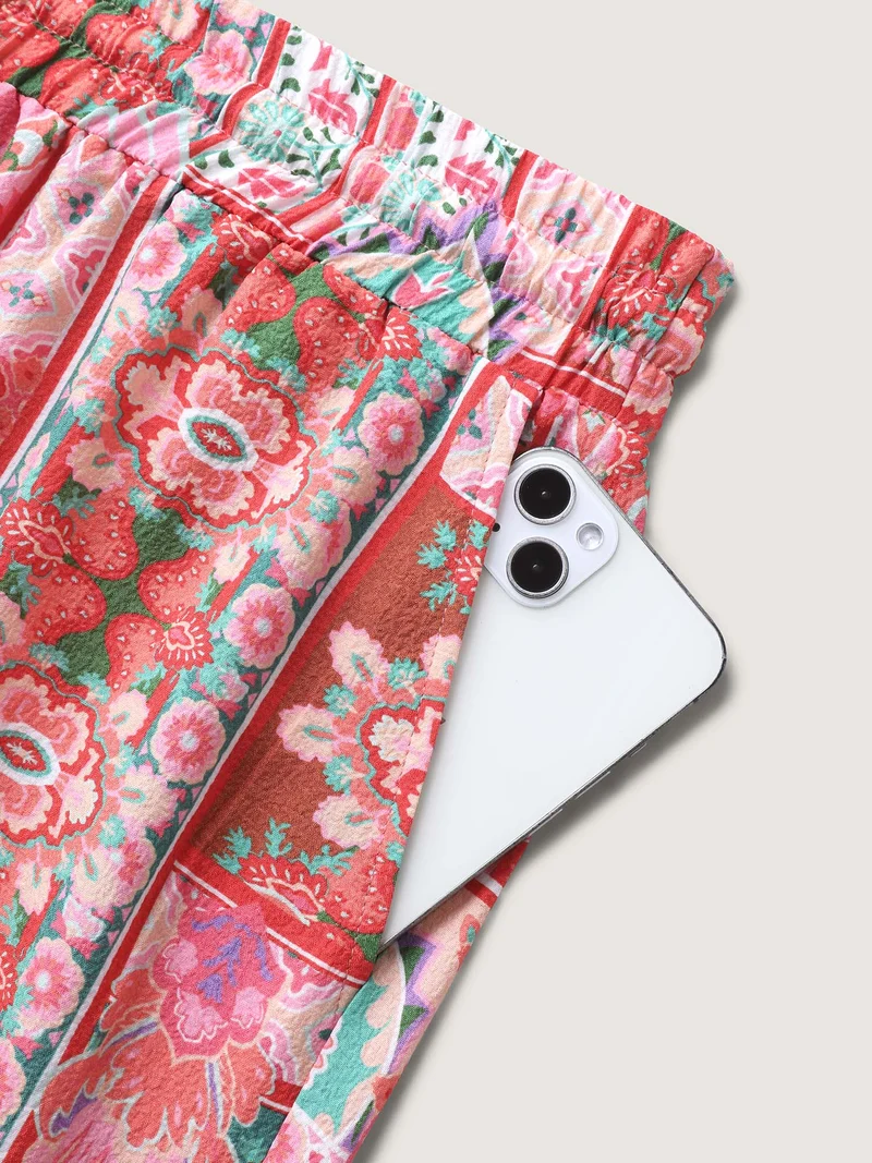 Floral Collage Stretchy Waist Wide-Leg Pants