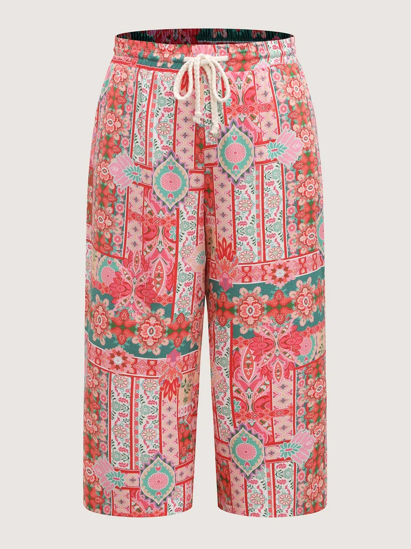 Floral Collage Stretchy Waist Wide-Leg Pants