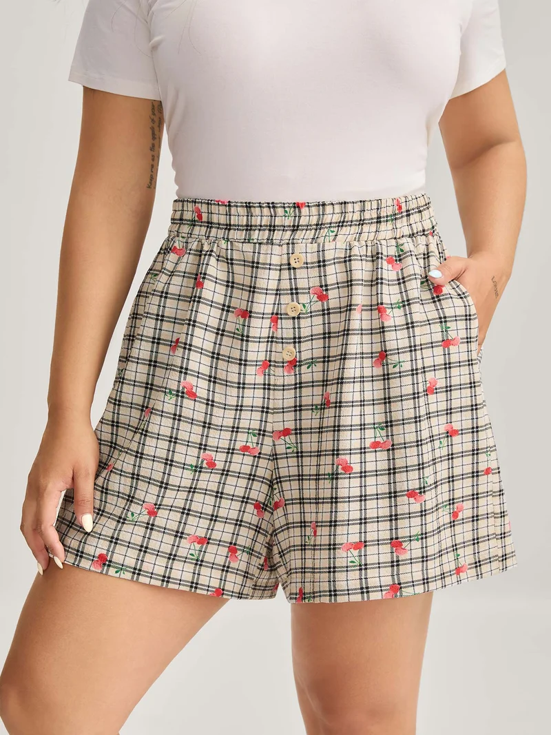Cherry Plaid Buckle Button Shorts