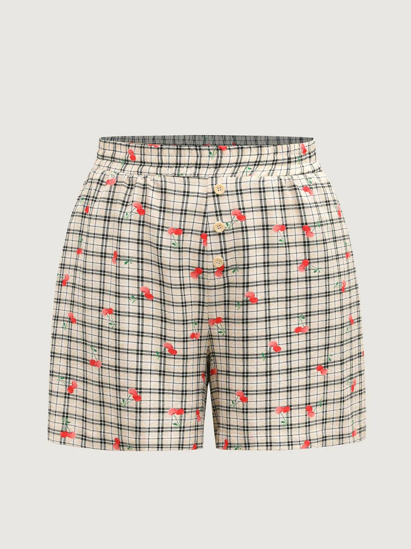 Cherry Plaid Buckle Button Shorts