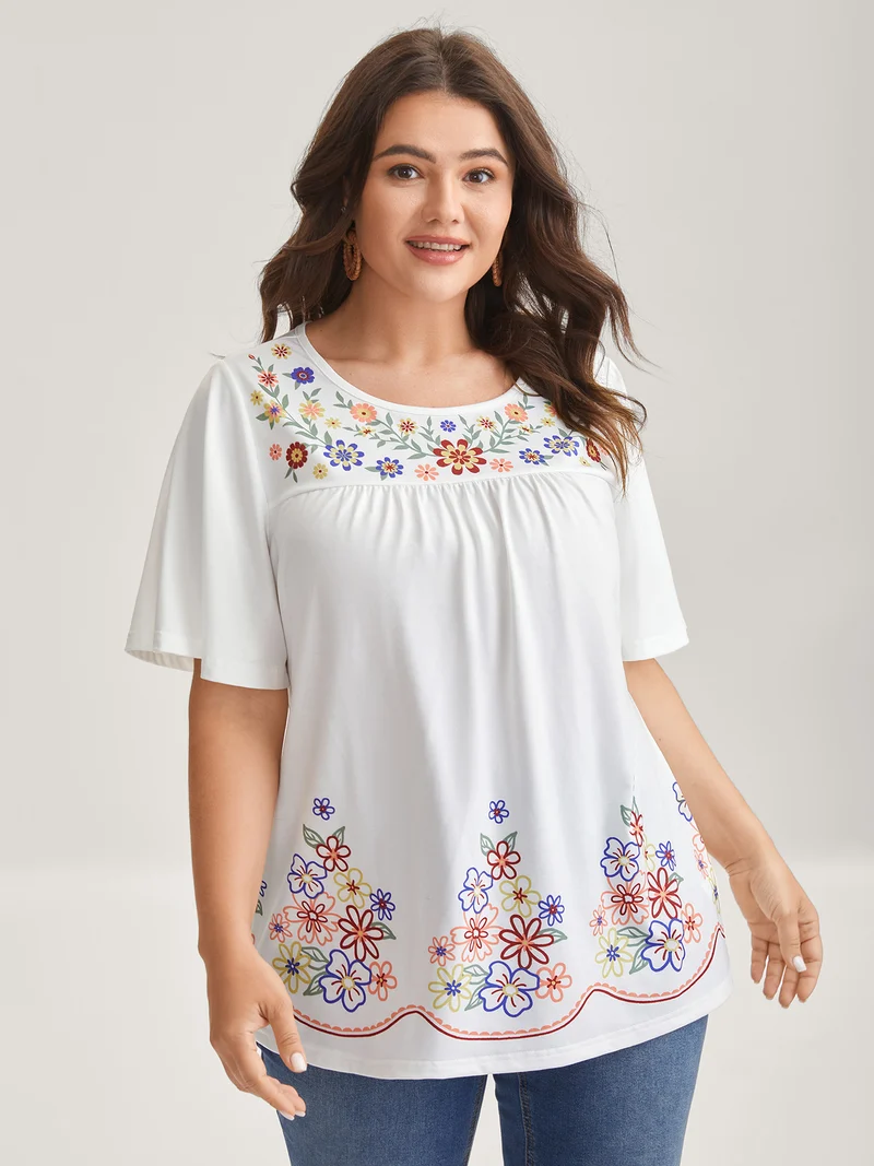 Floral Dreams Flared Sleeve Solid T-Shirt