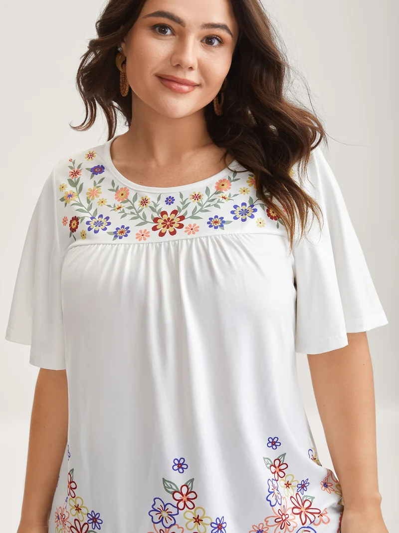 Floral Dreams Flared Sleeve Solid T-Shirt