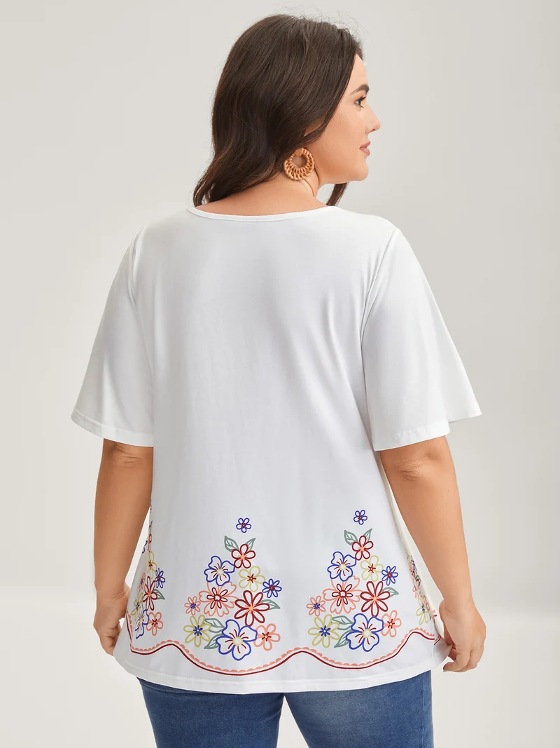 Floral Dreams Flared Sleeve Solid T-Shirt