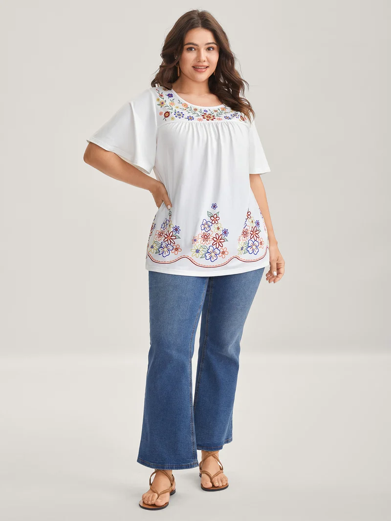 Floral Dreams Flared Sleeve Solid T-Shirt