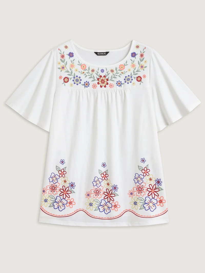 Floral Dreams Flared Sleeve Solid T-Shirt