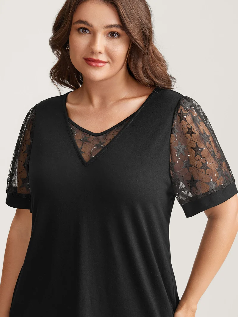 Beaded Mesh Sheer Patchwork T-Shirt