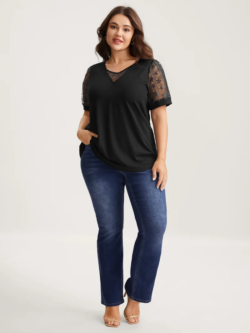 Beaded Mesh Sheer Patchwork T-Shirt