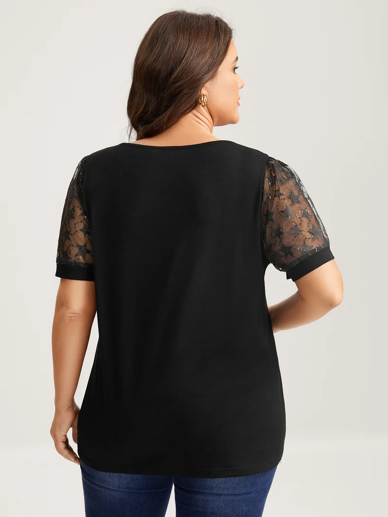 Beaded Mesh Sheer Patchwork T-Shirt