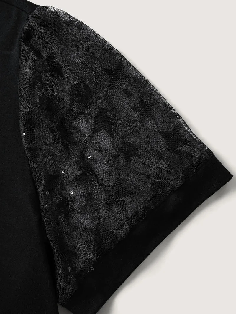 Beaded Mesh Sheer Patchwork T-Shirt