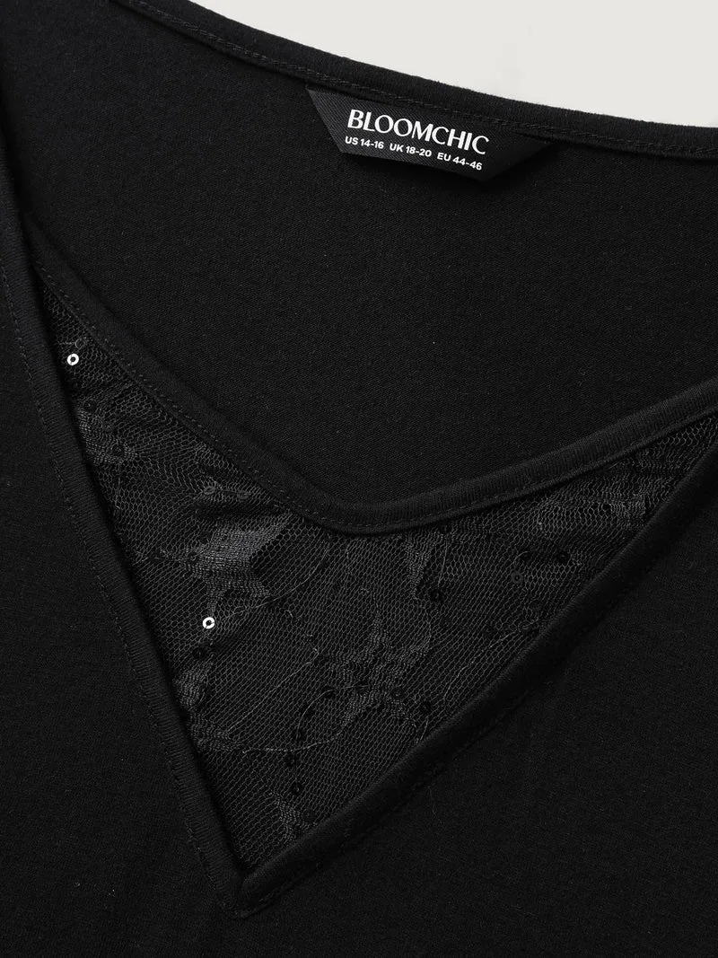Beaded Mesh Sheer Patchwork T-Shirt