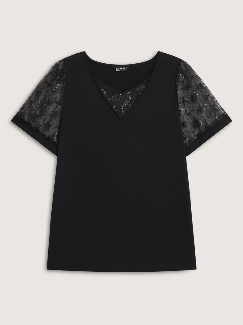 Beaded Mesh Sheer Patchwork T-Shirt