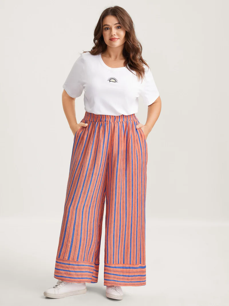 Soft Stripes Stretchy Waist Wide-Leg Pants
