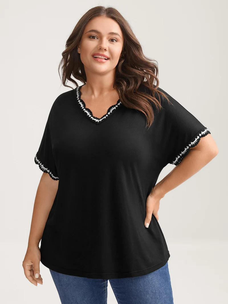 Supersoft Stretchy Scalloped Neck Solid T-Shirt