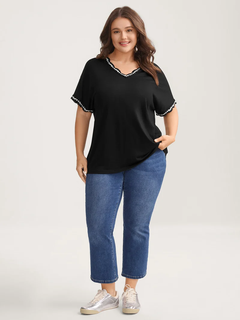 Supersoft Stretchy Scalloped Neck Solid T-Shirt