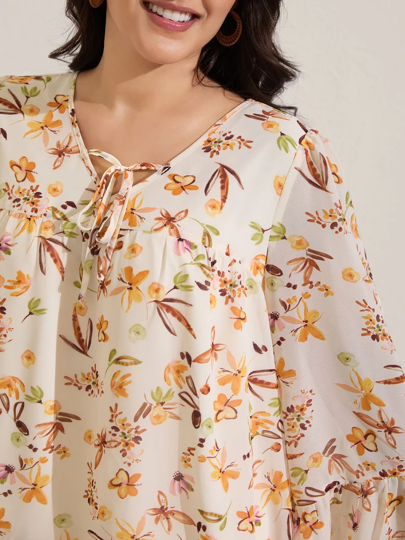 Floral Chiffon Ruffled Tie Blouse