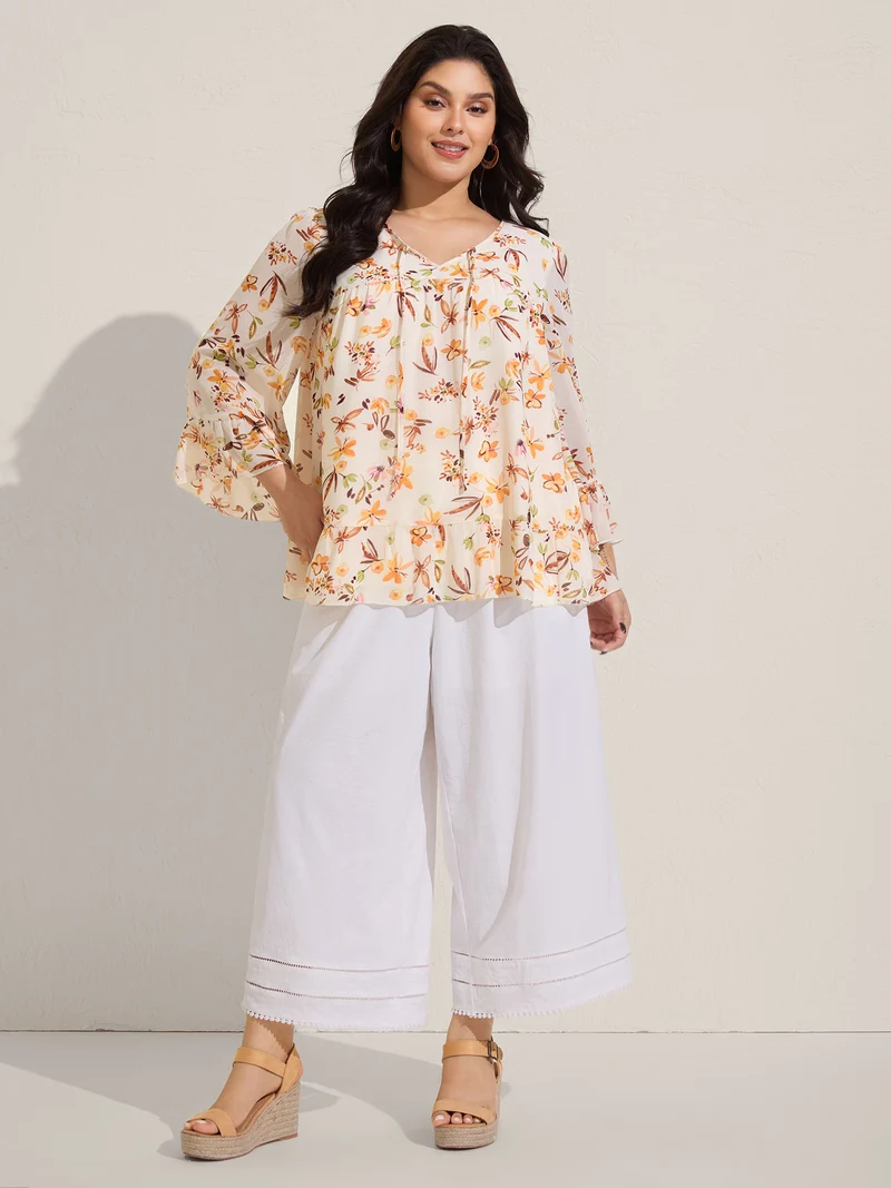 Floral Chiffon Ruffled Tie Blouse