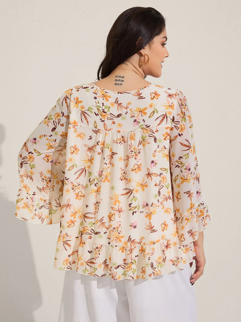 Floral Chiffon Ruffled Tie Blouse