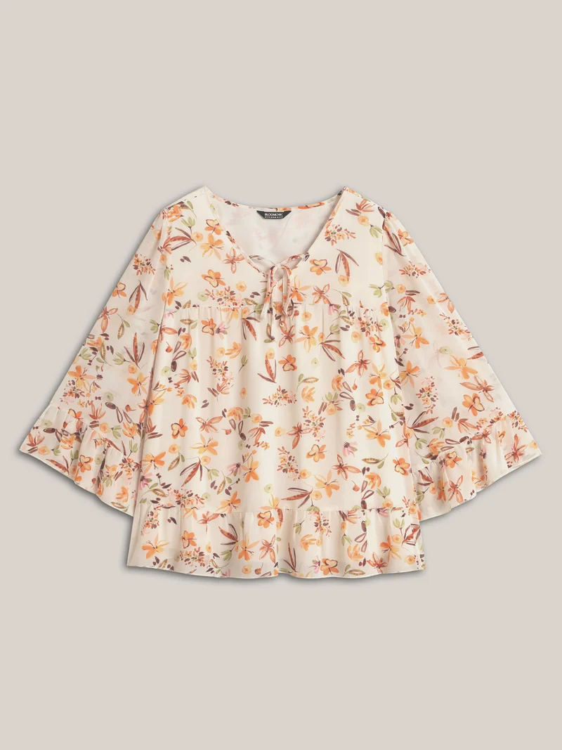 Floral Chiffon Ruffled Tie Blouse