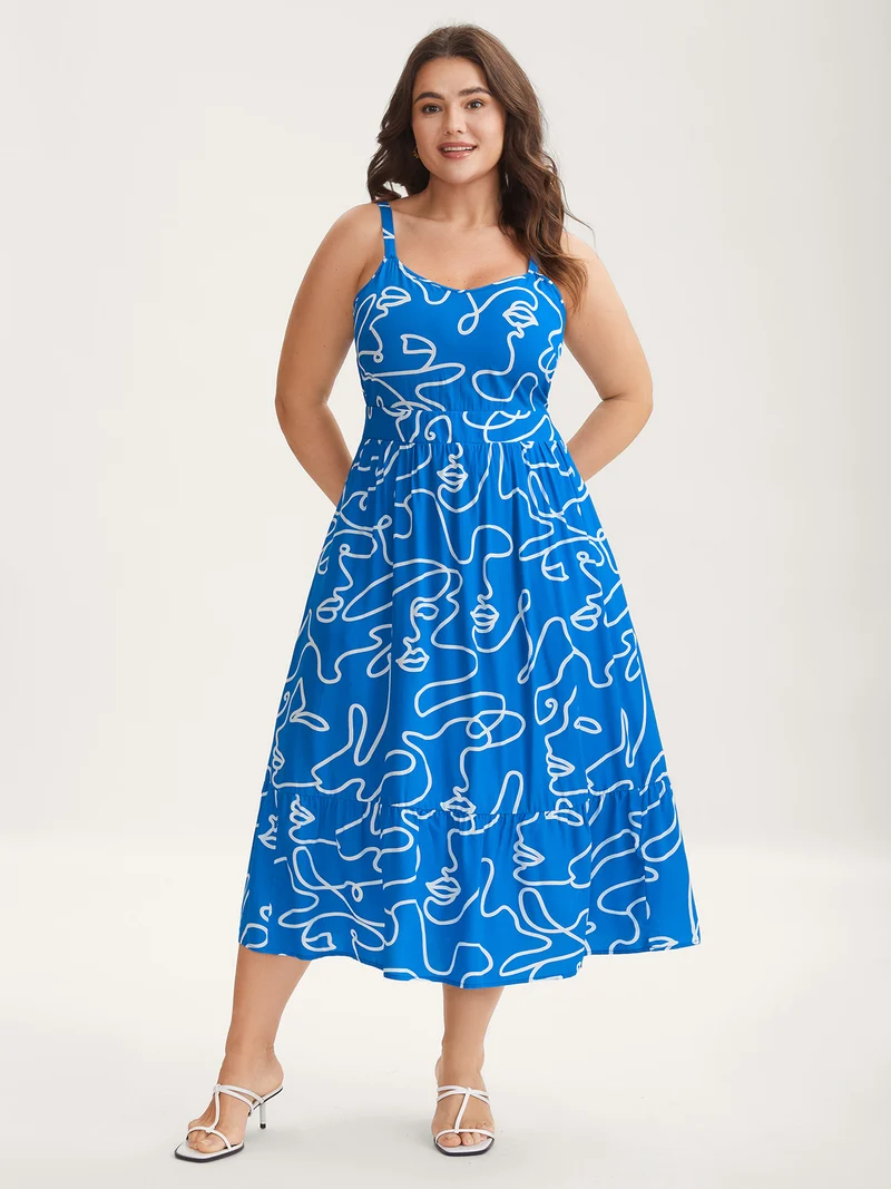 Abstract Line Print Adjustable Midi Dress