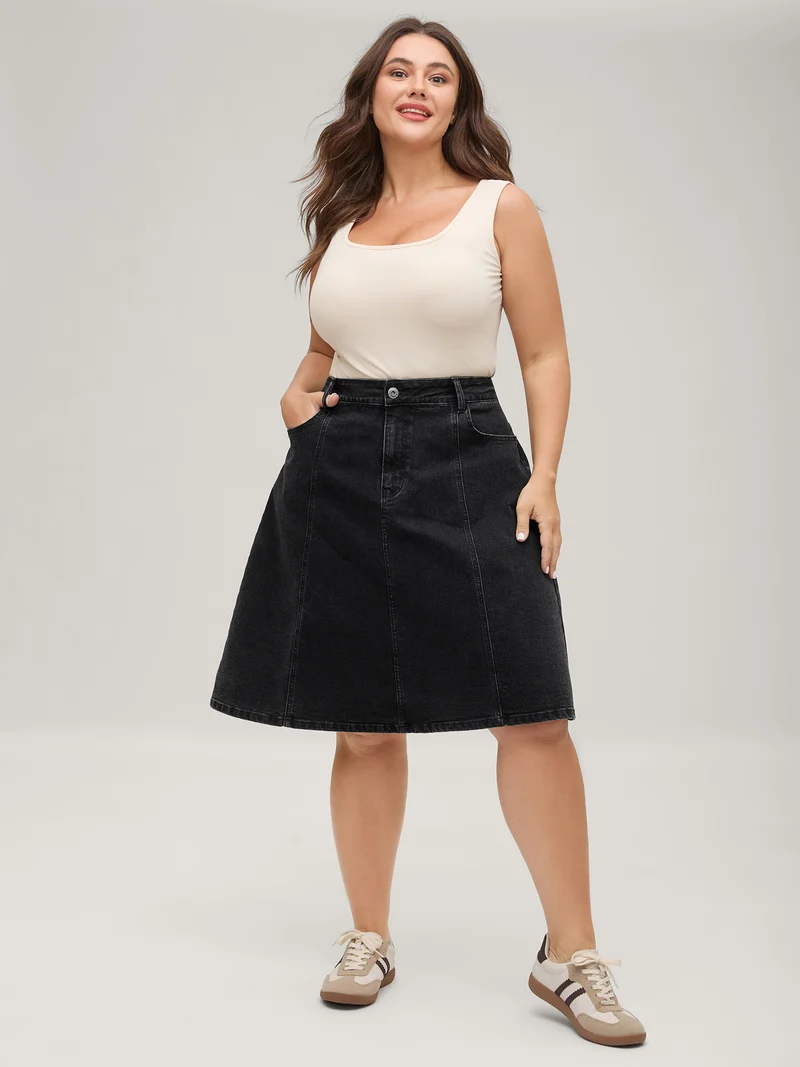A-Line Pockets Midi Denim Skirt