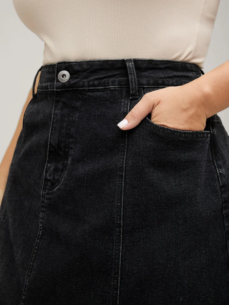 A-Line Pockets Midi Denim Skirt