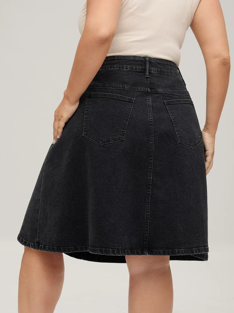 A-Line Pockets Midi Denim Skirt