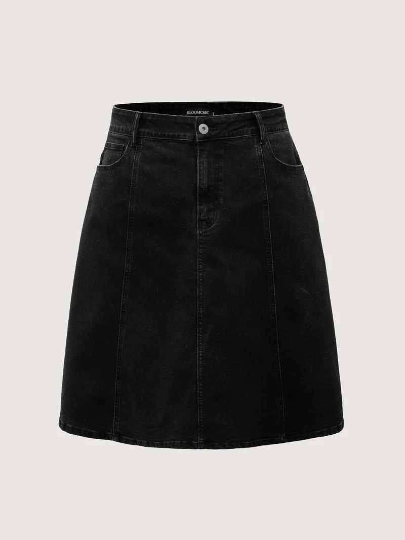 A-Line Pockets Midi Denim Skirt