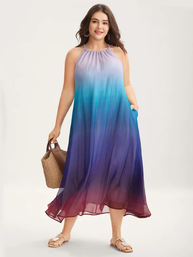 Ombre Gradient Pockets Sheer Midi Dress