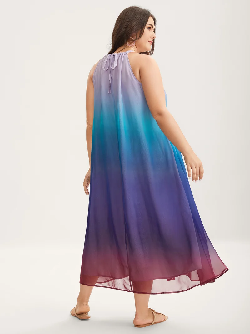 Ombre Gradient Pockets Sheer Midi Dress