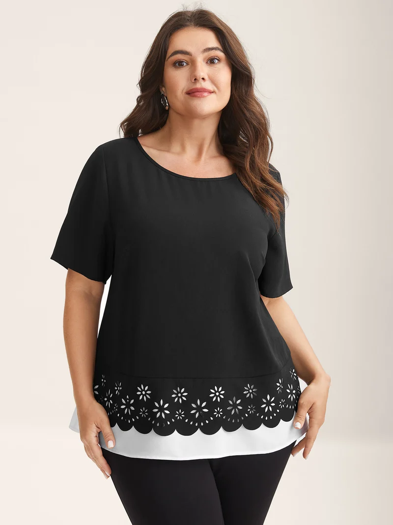 Laser Cut Patchwork Round Neck Blouse