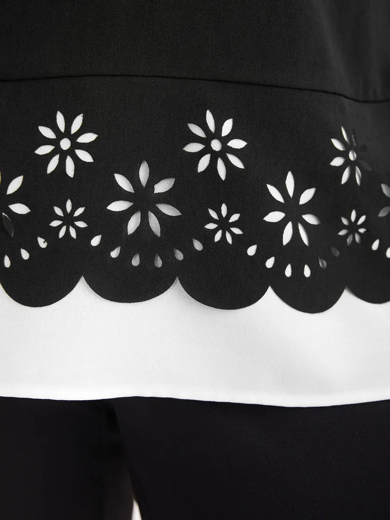 Laser Cut Patchwork Round Neck Blouse