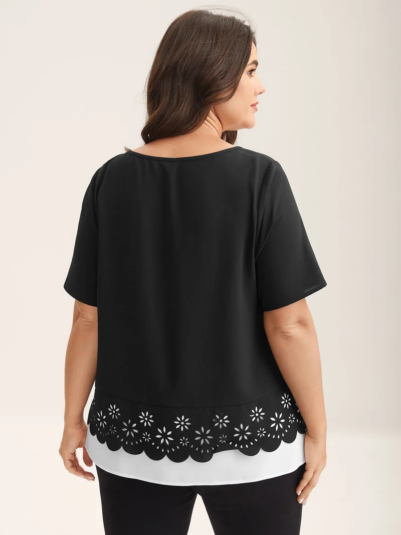 Laser Cut Patchwork Round Neck Blouse