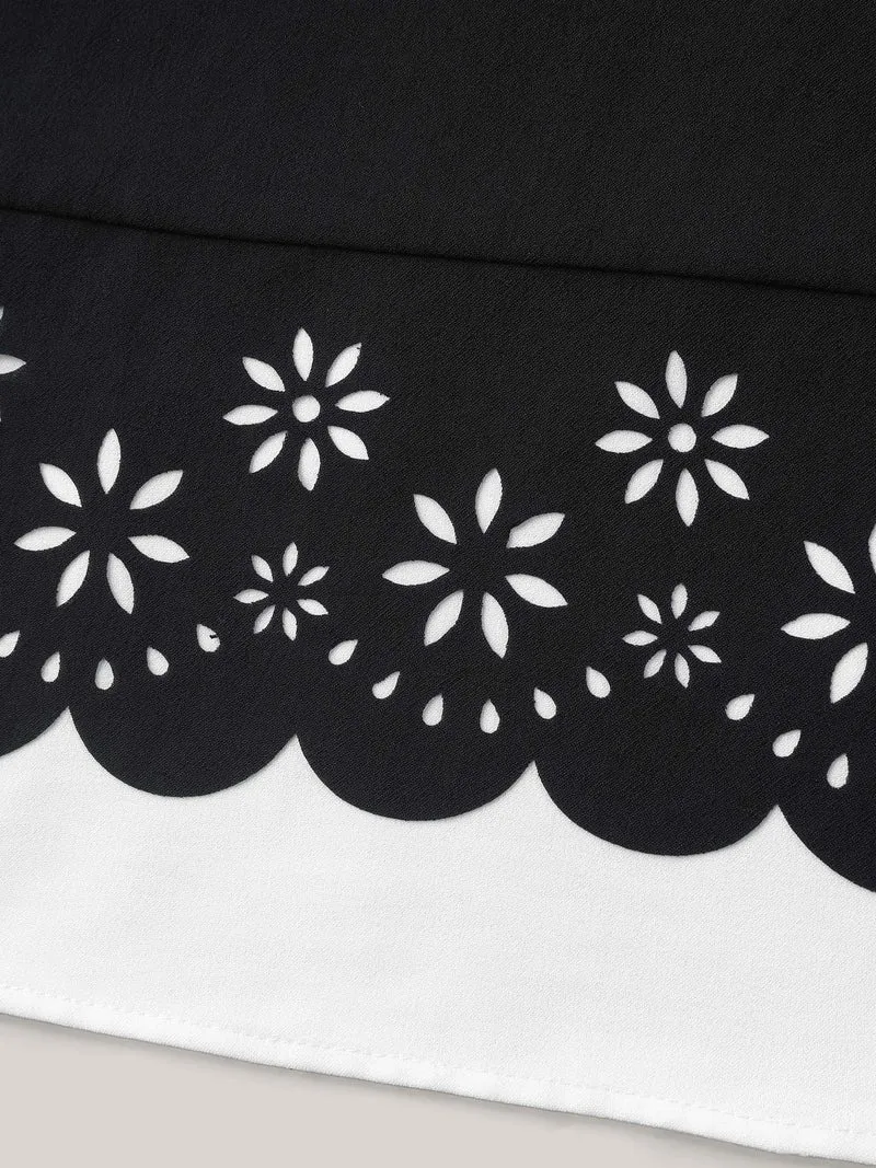 Laser Cut Patchwork Round Neck Blouse
