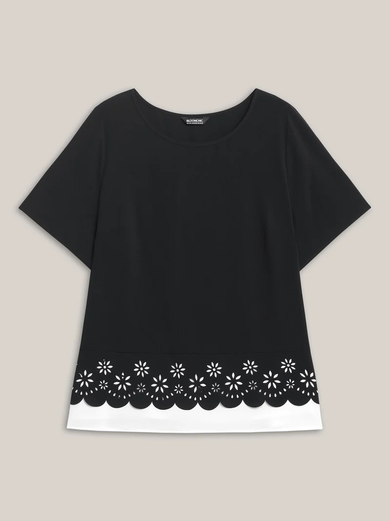 Laser Cut Patchwork Round Neck Blouse