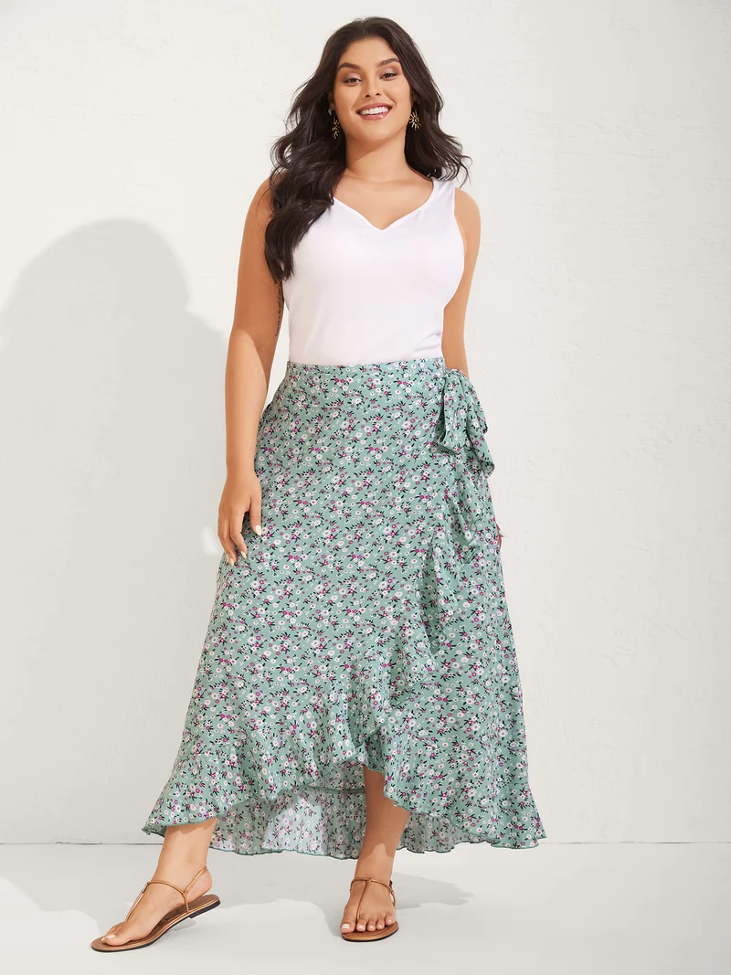Rayon Ditsy Floral Print Side-Tie Maxi Skirt