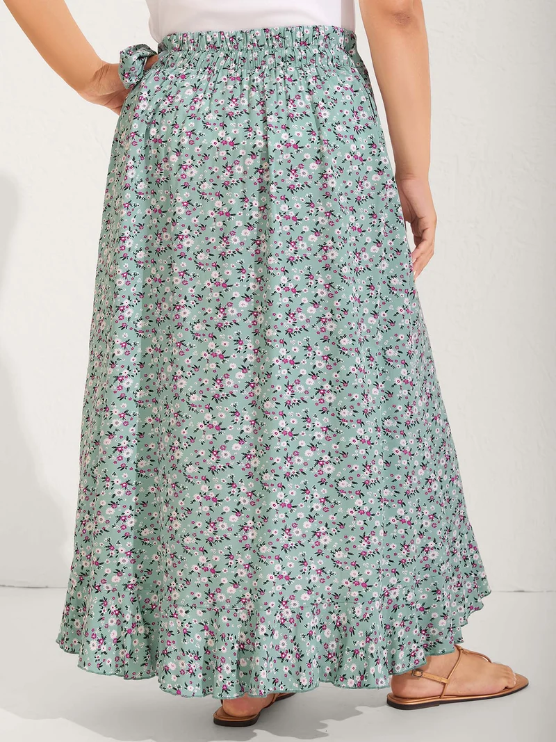 Rayon Ditsy Floral Print Side-Tie Maxi Skirt