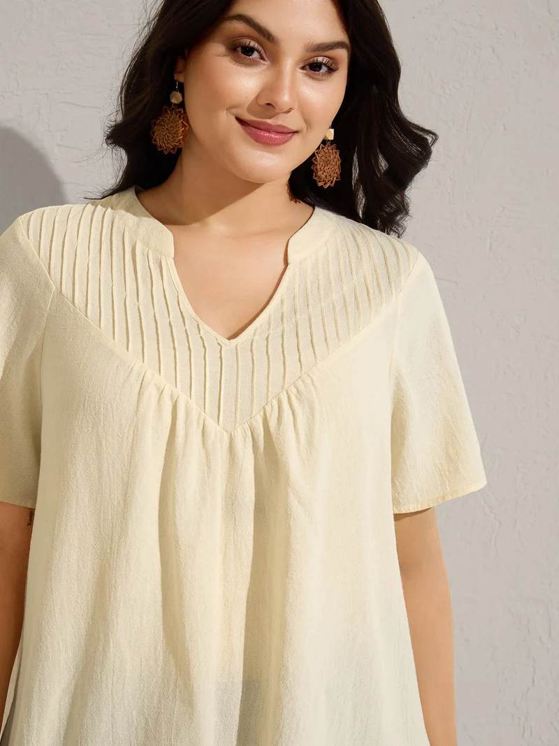 Cotton Stripe Neckline Notched Pleated Sheer Blouse