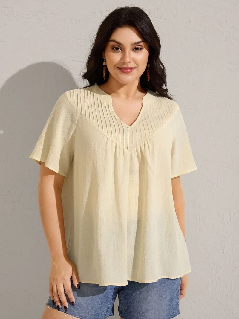 Cotton Stripe Neckline Notched Pleated Sheer Blouse