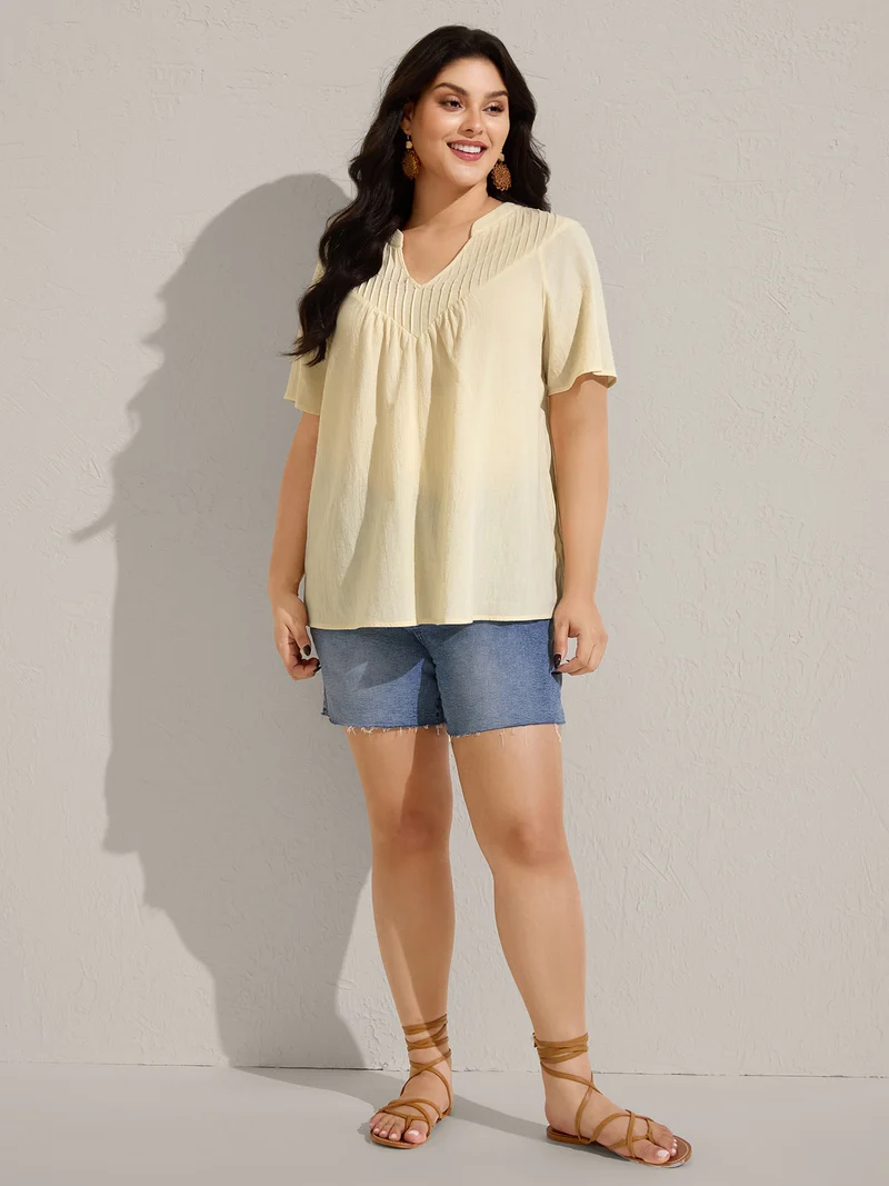 Cotton Stripe Neckline Notched Pleated Sheer Blouse