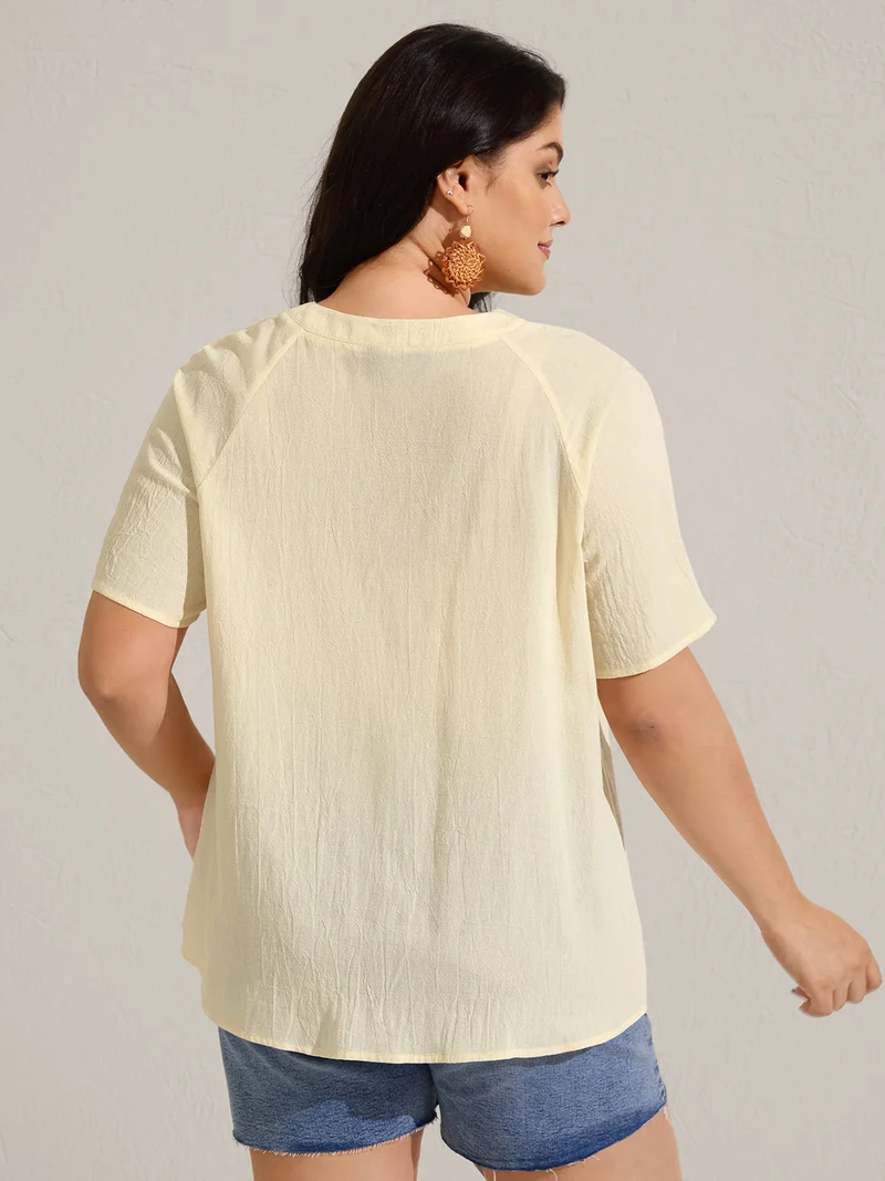 Cotton Stripe Neckline Notched Pleated Sheer Blouse
