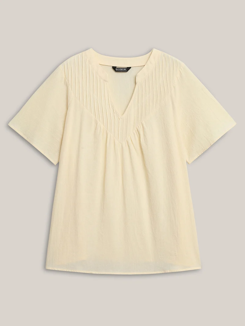 Cotton Stripe Neckline Notched Pleated Sheer Blouse