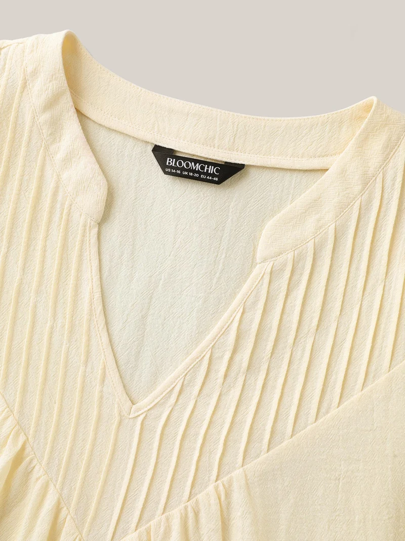 Cotton Stripe Neckline Notched Pleated Sheer Blouse