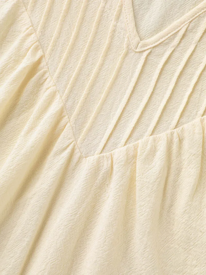 Cotton Stripe Neckline Notched Pleated Sheer Blouse