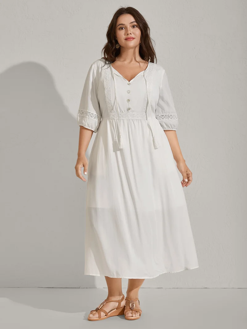 Rayon Lace Trim Cinched-Waist Midi Dress