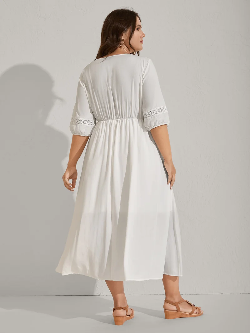 Rayon Lace Trim Cinched-Waist Midi Dress