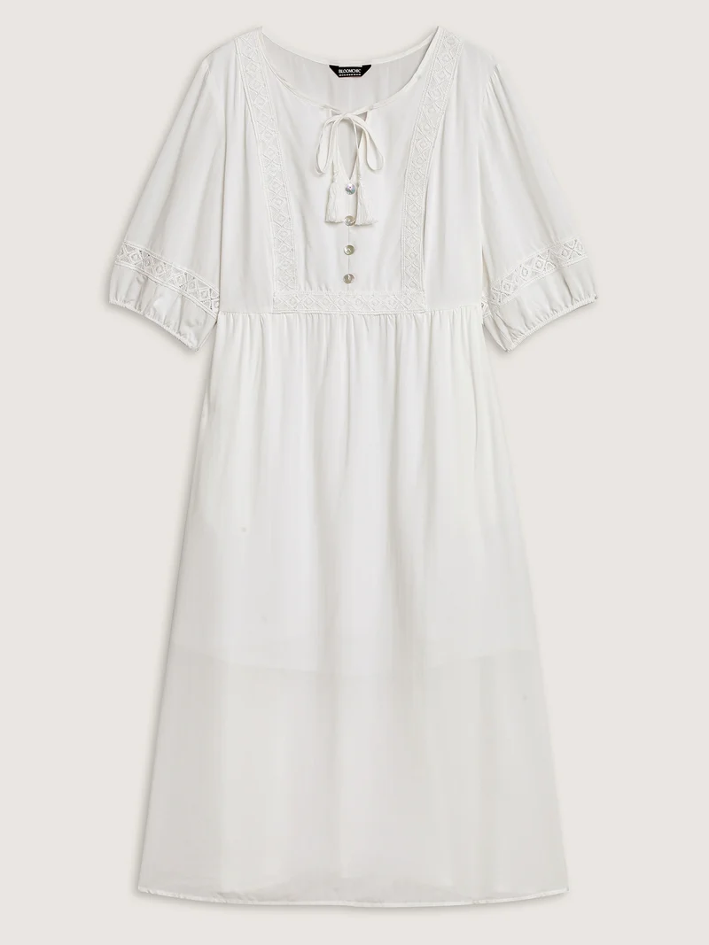 Rayon Lace Trim Cinched-Waist Midi Dress